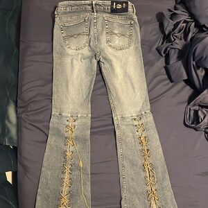 L.E.I. Vintage Y2K 2000s Faded Denim Rawhide Lace Up Low Rise Flare Leg Jeans